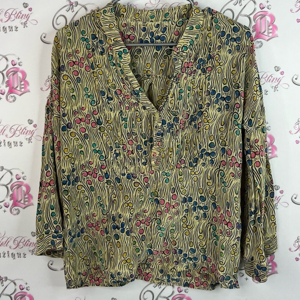 Long sleeve 100% silk top swirls Chic Multicolor Blouse with Abstract Pattern